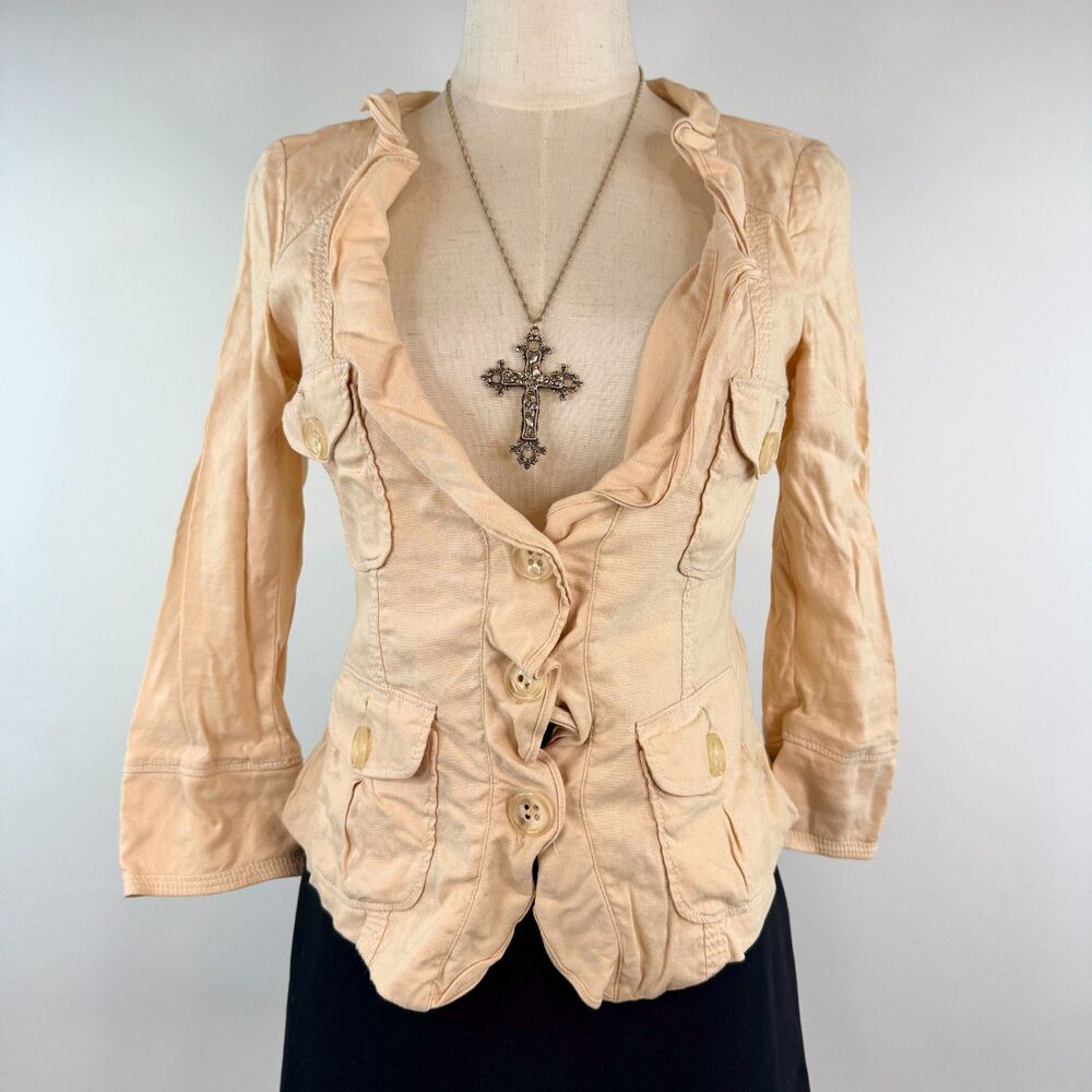 Bebe Ivory Linen Blazer Boho Chic 3/4 Sleeve Size 6 Button Up Ruffled Fairy Core - Picture 2 of 8